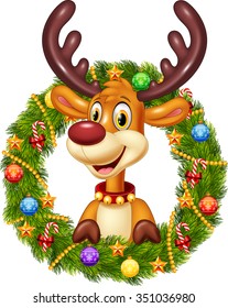 Cartoon funny deer holding Christmas Wreath with ribbons, balls and bow