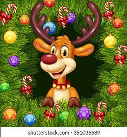 Cartoon funny deer on Christmas ornament background