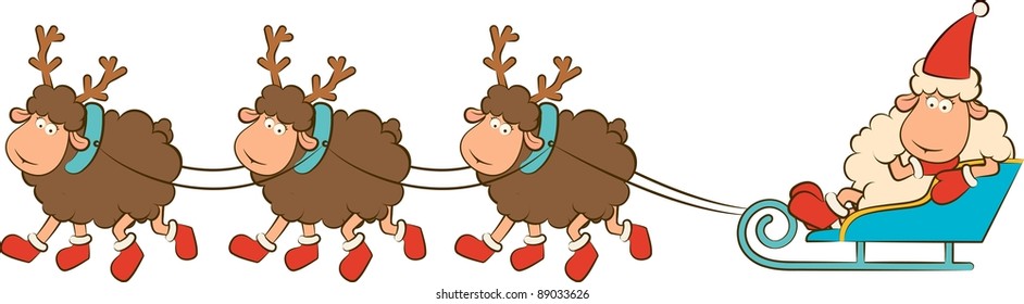 Cartoon funny deer with sledges. Vector Christmas illustration