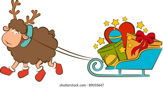 Cartoon funny deer with sledges. Vector Christmas illustration