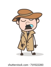Cartoon Funny Detective Running Nose and Sleeping Face Vector Illustration