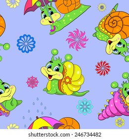 Cartoon funny different snails. Seamless pattern.
