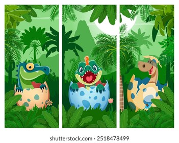 Dibujos animados divertidos dino niños en cáscara de huevo. Lindos y adorables bebés dinosaurio que eclosionan de coloridos huevos en un exuberante bosque tropical selvático. Vector tarjetas de Vertical con juguetones niños recién nacidos reptiles