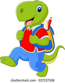 Cartoon funny dinosaur with backpack