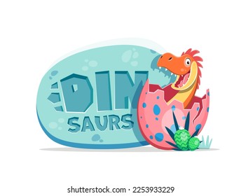 Caricatura graciosa de un personaje de dinosaurio y un huevo de dino. Diseño vectorial aislado con dino de bebé toothy naranja en huevo rosa y texto en placa oval de piedra. Bonito dragón o diseño de monstruo jurásico para niños