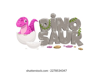 Cartoon funny dinosaur character and dino egg. Isolated vector pink baby dino sitting in egg shell and stone text with jungle vines. Lovely dragon or jurassic monster for children book or game