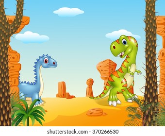 Cartoon funny dinosaur collection with prehistoric background