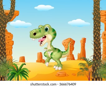 Cartoon funny dinosaur with the desert background