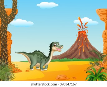 Cartoon funny dinosaur with the prehistoric background