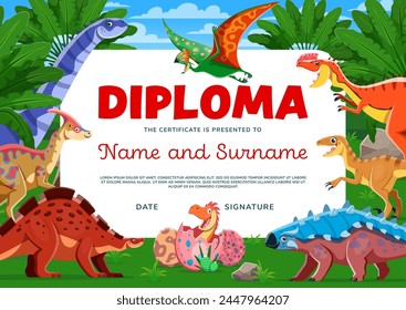 Cartoon funny dinosaur reptiles and dino kid. Kids diploma with funny characters tyrannosaur rex, stegosaurus, pterodactyl and baby dinosaur in the egg shell. Vector recognition certificate template