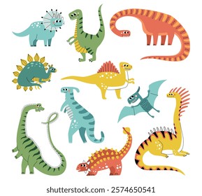 Cartoon funny dinosaurs characters. Cute kids dinos, kawaii tyrannosaurus and smiling triceratops, extinct reptile animals, vector set