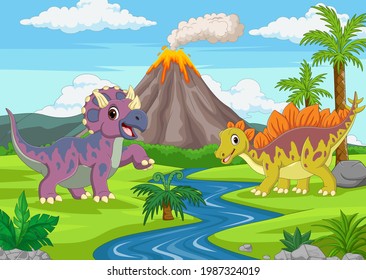 Cartoon funny dinosaurs in the jungle