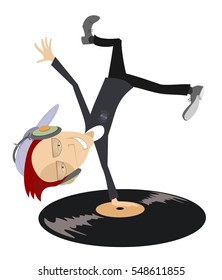 Cartoon funny DJ with headphones on the head stands head over heels on vinyl record