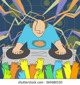 Cartoon funny DJ illustration. DJ performing music and people dancing with hands up
