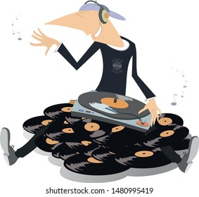 Cartoon funny DJ on the big pile of vinyl records illustration. Man with record player and headphones sits on the big pile of long playing records illustration 
