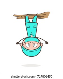 Cartoon Funny Doctor Hanging Upside-Down Vector Illustration