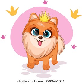 Cartoon and funny dog, little princess, pomeranian spitz with crown