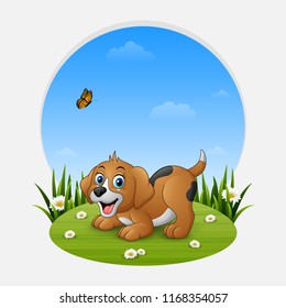 Cartoon funny dog on the grass