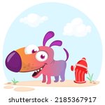 Cartoon funny dog peeing on fire hydrant. Vector illustration isolated
