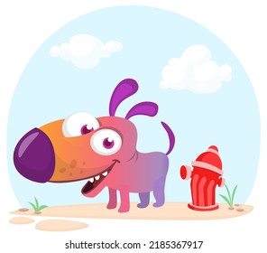 Cartoon funny dog peeing on fire hydrant. Vector illustration isolated