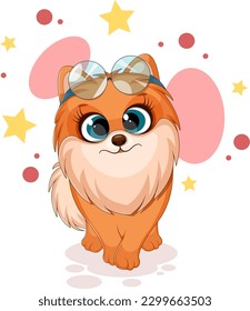 Cartoon funny dog, pomeranian spitz with glasess, cute card