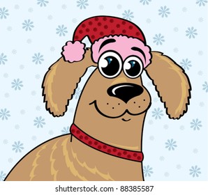 Cartoon funny dog with red hat on a winter  background