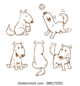 Cartoon funny dogs set. Vector contour image. Cute  puppy in different poses. 