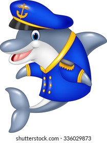 Cartoon funny dolphin wearing captain uniform