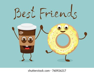 Cartoon funny donut and a cup of coffee with emotions. Vector card with hand drawn lettering - Best friends