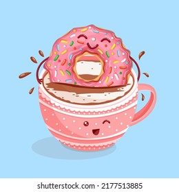 Cartoon funny donut with pink icing takes a bath in a cup of coffee with a smile. Hot drink and sweets