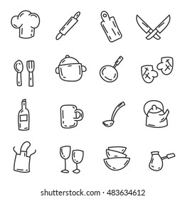 Cartoon funny doodles kitchenware. Hand drawn objects and symbols. Vector illustration for backgrounds, web design, design elements, textile prints, covers, greeting cards.