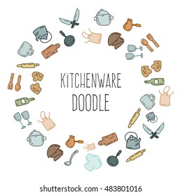 Cartoon funny doodles kitchenware. Hand drawn objects and symbols. Vector illustration for backgrounds, web design, design elements, textile prints, covers, greeting cards.