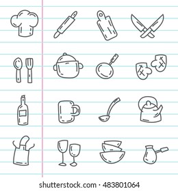 Cartoon funny doodles kitchenware. Hand drawn objects and symbols. Vector illustration for backgrounds, web design, design elements, textile prints, covers, greeting cards.
