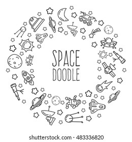 Cartoon funny doodles space elements. Hand drawn objects and symbols. Vector illustration for backgrounds, web design, design elements, textile prints, covers, greeting cards.