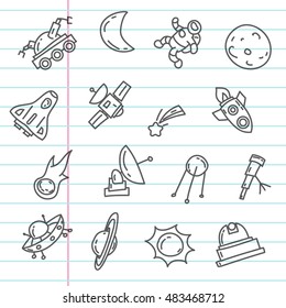 Cartoon funny doodles space elements. Hand drawn objects and symbols. Vector illustration for backgrounds, web design, design elements, textile prints, covers, greeting cards.