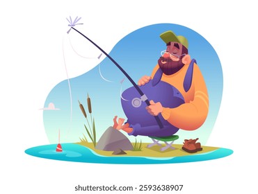 Cartoon funny dozing bearded fisherman character sitting resting and catching fish