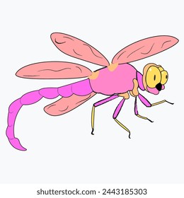Cartoon funny dragonfly isolated on white background. Side view, close-up