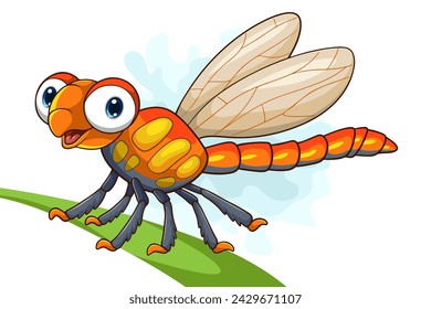 Cartoon funny dragonfly on leaf