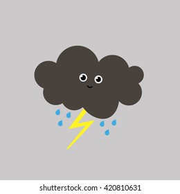 Cartoon funny drawing of grey cloud happy character with rain drops and yellow lightning isolated on grey background / vector eps 10 / icon 