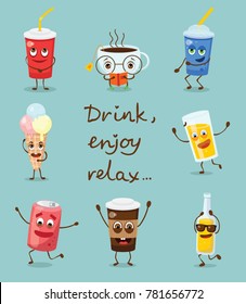 Cartoon Funny Drink Characters Vector Illustrationsof Cup Of Tea And Coffee, Glass Of Juice And Fresh, Can With Lemonade And Soda