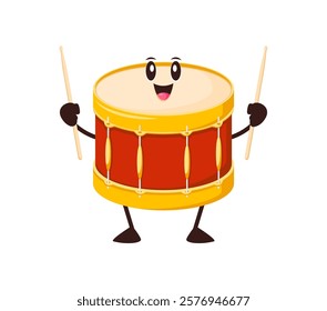 Cartoon funny drum musical instrument character holding sticks. Isolated vector percussion instrument personage with drumsticks promotes music school education for kids, performance or concert