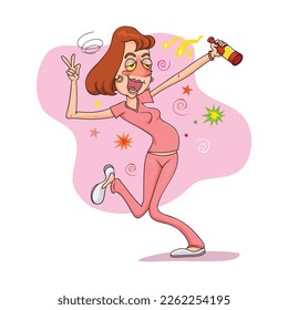 Cartoon funny drunk woman, illustration vector 