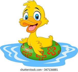 Cartoon funny duck floating with inflatable ring