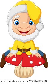 Cartoon funny dwarf sitting on mushroom