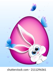 Cartoon funny Easter bunny peeking out of a pink paper cut egg shape hole