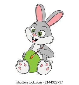 Cartoon funny Easter Rabbit sitting and painting brush an egg. Funny character Hare. Template for celebration, greeting or education card for kids. Suitable for decoration and design. Happy Easter.
