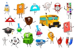 Cartoon Funny Education Stationery Characters. Vector Glue, Textbook, Ruler, Alarm Clock And Baseball Ball With Glove. Paints, School Bus, Academic Cap And Glass Beaker. Rucksack, Fallen Leaves, Clip