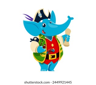 Cartoon funny elephant animal captain pirate character with treasure map and mischievous grin. Isolated vector tropical personage wear nautical costume, ready for searching hidden treasures adventure