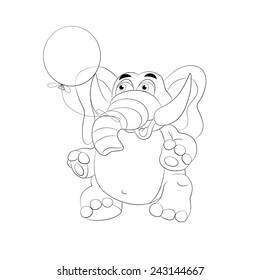 Cartoon funny Elephant with balloon. Coloring book.