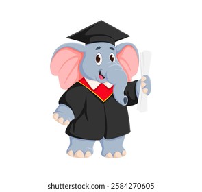 Cartoon funny elephant character, dressed in a graduation cap and gown, holding a diploma, symbolizes achievement, education, and celebration. Vector cheerful animal congratulatory school personage